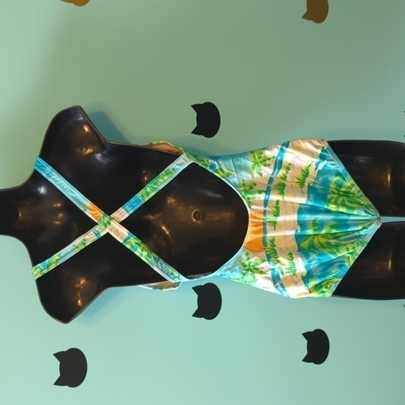 𝅺Vintage 80s Bathing Suit Racerback Tropical Sunset Union Made 14 - Picture 2 of 7